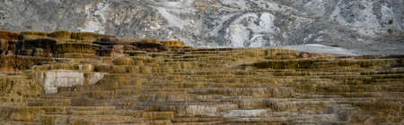 Panorama of Terraced Steps of Hot Springs in Mammoth in Yellowstoneの写真素材