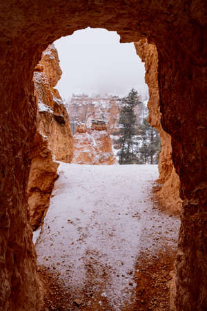 Peeking Through a Window to More Hoodoos in Bryce Canyon in winterの写真素材