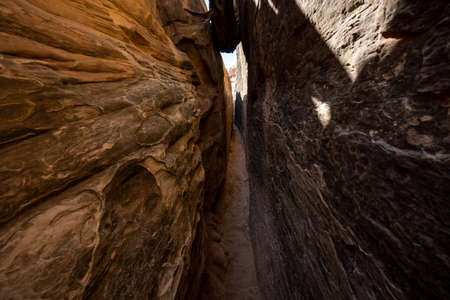 Narrow Trail and Tree Trunk Wedged Between The Cliffs Of The Joint Trail in Canyonlands National Parkの写真素材