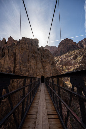 Looking Back At The Tunnel From The Middle of The Black Bridge in the Grand Canyonの写真素材