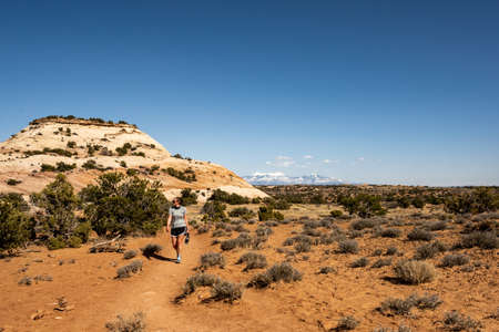 Hiker Walking Along Tail To The Aztec Buttes in Canyonlands National Parkの写真素材