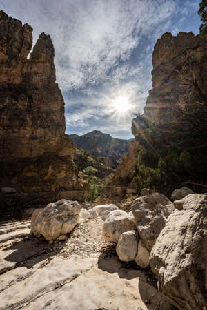 Sunburst Over The Devils Hall Wash in Guadalupe Mountains National Parkの写真素材