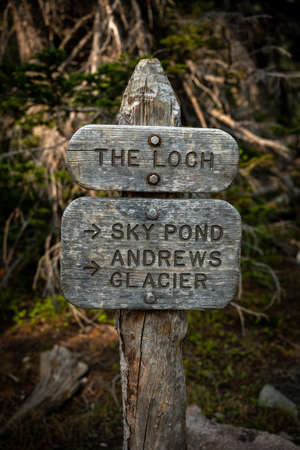 Wooden Sign at the Loch in Rocky Mountain National Parkの写真素材