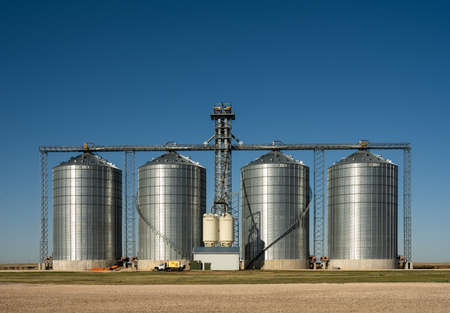 Four Grain Elevators Stand Tall Against Blue Skyの写真素材