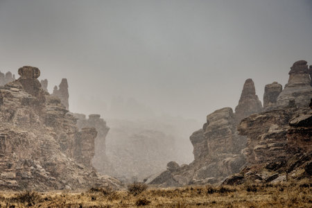 Thick Fog and Snow between Hoodoo Formations in the Needles Districtの写真素材
