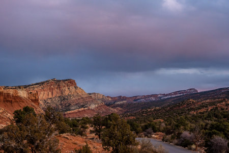 Subtle Pink Clouds Over the Scenic Drive in Capitol Reef National Parkの写真素材