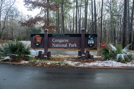 Congaree National Park, United States: January 29, 2022: Congaree National Park Sign With Snowのeditorial素材