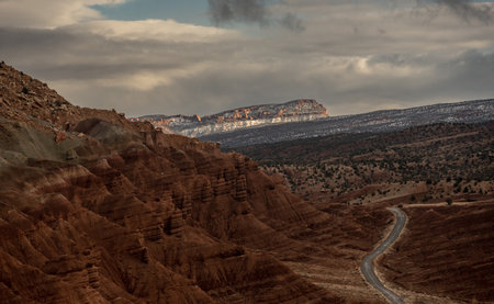 Capitol Reef Scenic Drive Snakes Around Formations in late winterの写真素材