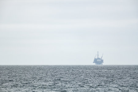 Oil Rig Through The Haze Along California Coast near Santa Barbaraの写真素材