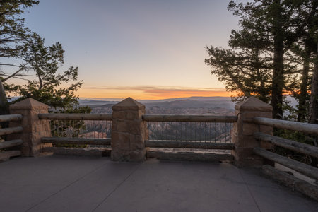 Railing At Sunrise From Bryce Point in Bryce Canyon National Parkの写真素材