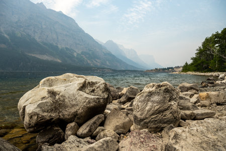 Boulders Gathered Along The Shore of St Mary Lake In Glacier National Parkの写真素材