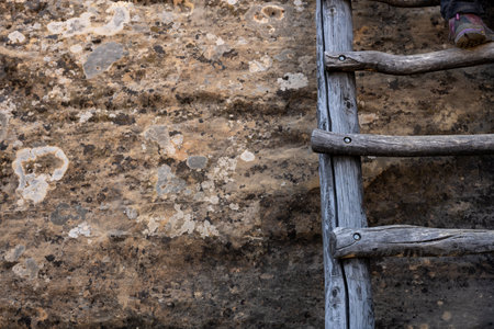 Copy Space Over Rock Wall to Left of Wooden ladder in Mesa Verde National Parkの写真素材