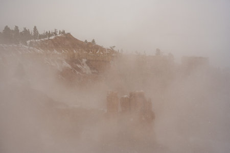 Thick Fog Fills Bryce Amphitheater  during winter stormの写真素材