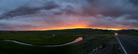Panorama Of Trout Creek And Grand Loop At Sunset in Yellowstone National Parkの写真素材