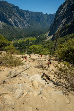Yosemite National Park, United States: July 4, 202: Hikers On Switchbacks Along Yosemite Falls Trail...