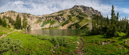 Panorama of Holly Lake in Grand Teton National Park in Paintbrush Canyonの写真素材