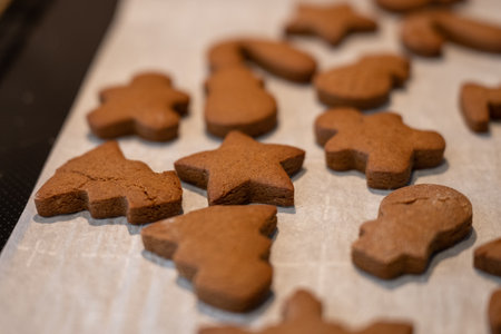 Small Gingerbread Cookies Fresh out of the Oven Cool on Parchment Paperの写真素材