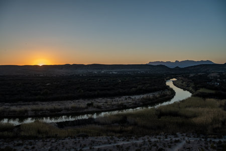 Rio Grand Appears to Flow Out of the Chisos Mountains In the Distance in Big Bendの写真素材