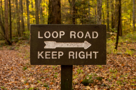 Loop Road Sign Directs Drivers to the Right in Autumnの写真素材