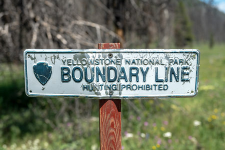 Boundary Sign In Yellowstone National Park on the Bacon Rind Trailの写真素材