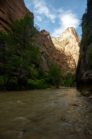 End Of The Narrows With High Water In The Virgin River in Zionの写真素材