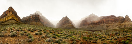 Vesta Temple Flanked By Whites Butte and Marsh Butte With A Winter Storm Coming Over The Rim of the Grand Canyonの写真素材