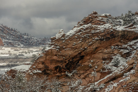 Snow Clings To The Contours of Sand Stone In Zion National Parkの写真素材