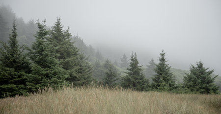 Pine Trees Disappear Into The Fog Of Redwood National Park