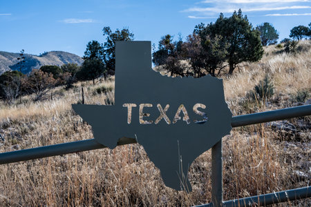 Texas State Line Sign Heading Into Guadalupe National Park in west Texasの写真素材