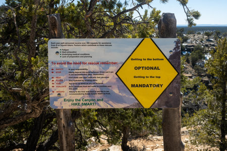 Grand Canyon National Park, April 5, 2023: Warning Sign At The Top of the Hermit Trail In Grand Canyon cautions hikers about safetyの写真素材