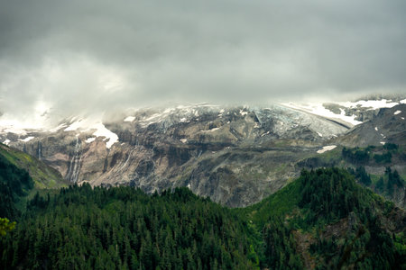 Band of Thick Clouds Hang Low And Block Mount Rainier view from Spray Park Trail