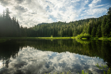 Clouds Reflect in Mink Lake in Olympic National Parkの写真素材