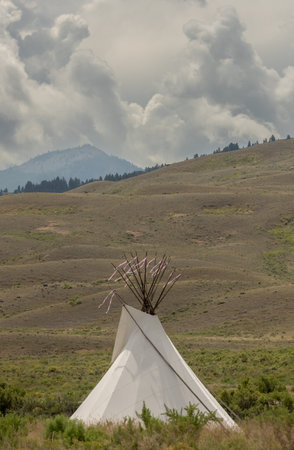 Single Teepee With Pink Ribbons At The Top Sits In Field Outside Gardiner, Montana
