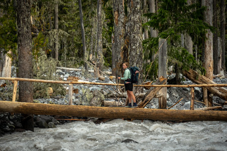 Woman Crosses Log Bridge Over Rushing Carbon River in Mount Rainier National Parkの写真素材