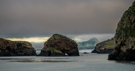 Fog Dances Off the Water Behind Sea Stacks in Channel Islands