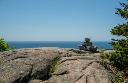 Bates Cairn Sits on Open Rock Face Looking Out Over The Atlantic In Acadia National Parkの写真素材