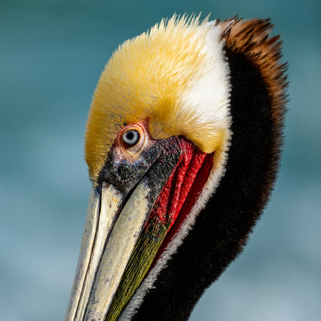 Bright Blue Eye Of Brown Pelican in front of ocean watersの写真素材