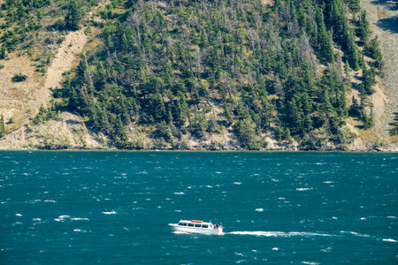 Tour Boat Crosses Saint Mary Lake On A Choppy Day In Glacier National Parkの写真素材