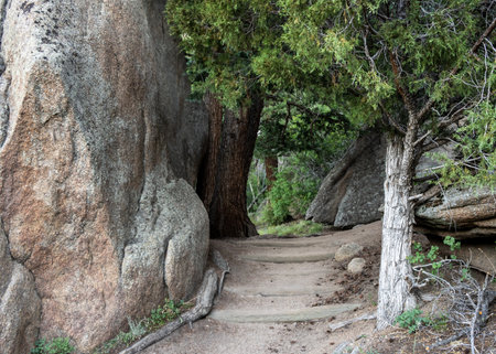 Wide Trail Winds up to Gem Lake in Rocky Mountain National Park in Coloradoの写真素材