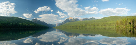 Panorama Of The Rippling Waters On Bowman Lake in Glacier National Parkの写真素材