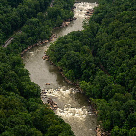 Rapids Along The New River With Rail Road Trips Along Shore in Summer