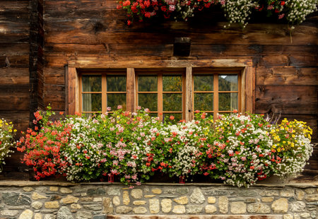 Flowers Overflow A Window Box On A Traditional Swiss House along the village street