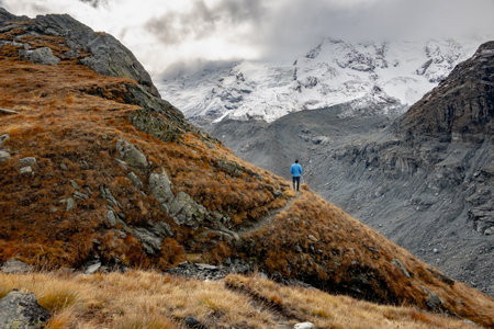 Man In Blue Jacket Stands On Trail and Takes In The View of the Alpsの写真素材