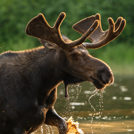 Bull Moose Walks Through Fishercap Lake In Glacier National Parkの写真素材