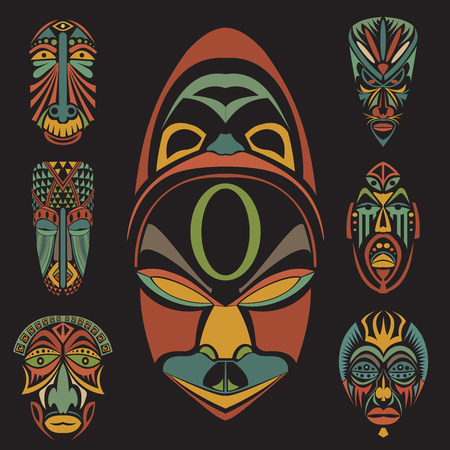 Set of African Ethnic Tribal masks on white background. . Flat icons. Ritual symbols.のイラスト素材