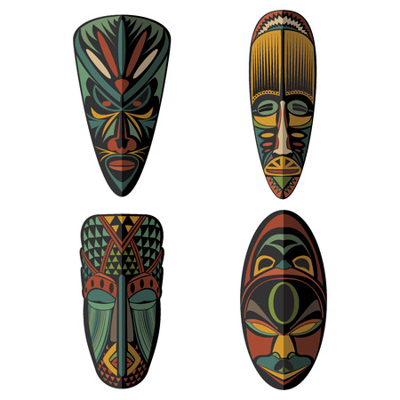 Set of African Ethnic Tribal masks on white background. . Flat icons. Ritual symbols.のイラスト素材