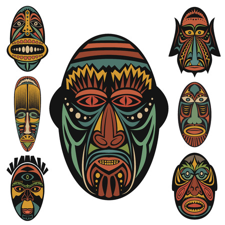 Set of African Ethnic Tribal masks on white background. . Flat icons. Ritual symbols.のイラスト素材