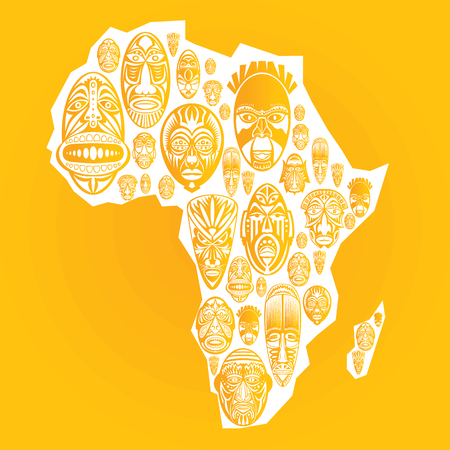 Map of Africa with vector tribal ethnic masks in yellow backgroundのイラスト素材