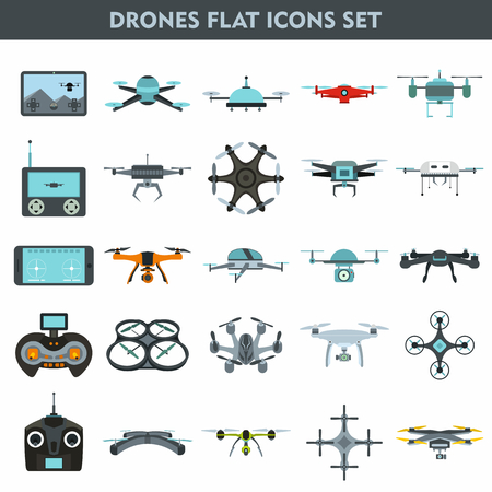 Quadcopters and drones surveillance and delivery devices 25 flat icons square composition banner abstract isolated vector illustrationのイラスト素材