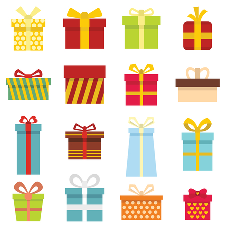 Gift icons and Present boxes in cartoon flat style. Vector illustration. Elements for illustration, infographics and banners.のイラスト素材